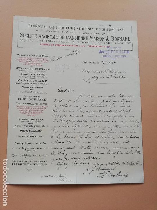 Lettres commerciales: CARTA COMERCIAL. FABRIQUE DE LIQUEURS SURFINES ET SUPERFINES. L'ANCIENNE MAISON S.A.CHENE-BOURG 1927