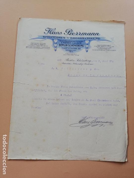 Lettres commerciales: CARTA COMERCIAL. HANS BERRMANN. SPIRITUOSEN-GROSSHANDLUNG. BERLIN-SH&Ouml;NEBERG. 1927.