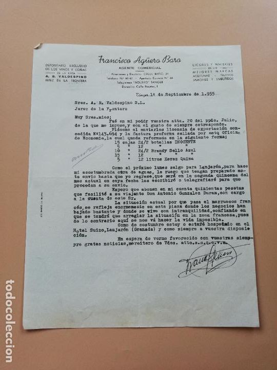 Lettres commerciales: CARTA COMERCIAL. FRANCISCO AG&Uuml;ERO BARO. DEPOSITARIO DE LOS VINOS Y CO&Ntilde;AC VALDESPINO. TANGER. 1955.
