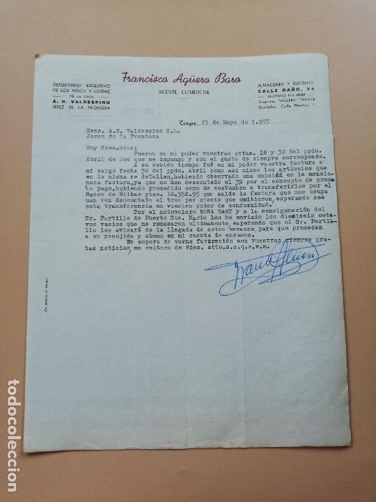 Lettres commerciales: CARTA COMERCIAL. FRANCISCO AG&Uuml;ERO BARO. DEPOSITARIO DE LOS VINOS Y CO&Ntilde;AC VALDESPINO. TANGER. 1955.