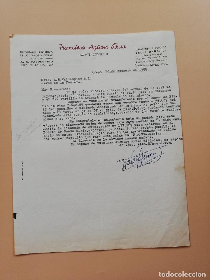 Lettres commerciales: CARTA COMERCIAL. FRANCISCO AG&Uuml;ERO BARO. DEPOSITARIO DE LOS VINOS Y CO&Ntilde;AC VALDESPINO. TANGER. 1955.