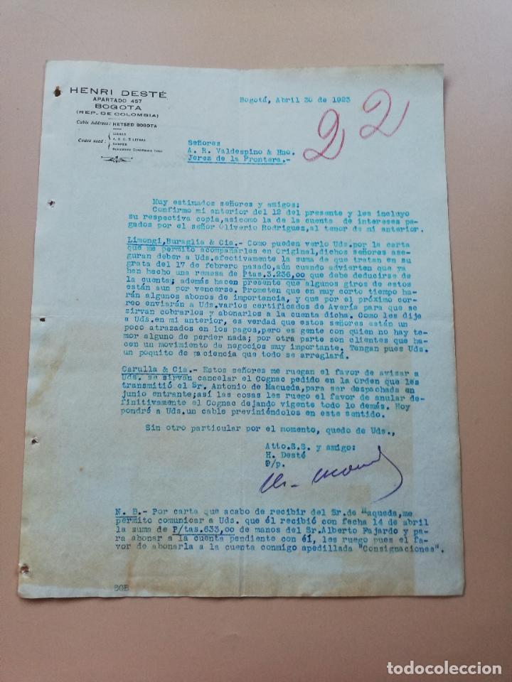 Lettres commerciales: CARTA COMERCIAL. HENRI DESTE. BOGOTA. 1923.