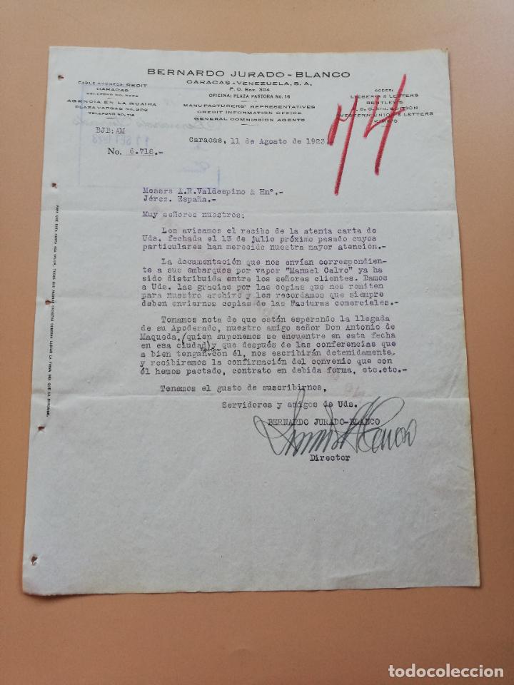 Lettres commerciales: CARTA COMERCIAL. BERNARDO JURADO- BLANCO. CARACAS- VENEZUELA. 1923.