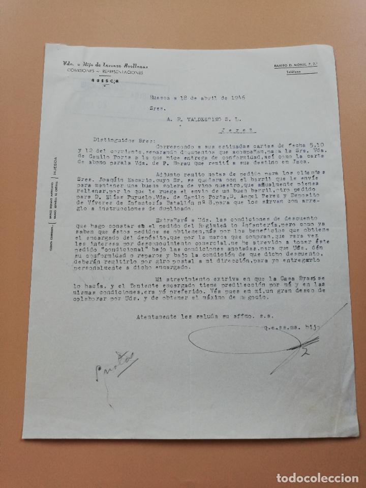 Lettres commerciales: CARTA COMERCIAL. VDA. E HIJO DE LORENZO AVELLANAS. COMISIONES- REPRESENTACIONES. HUESCA. 1946.