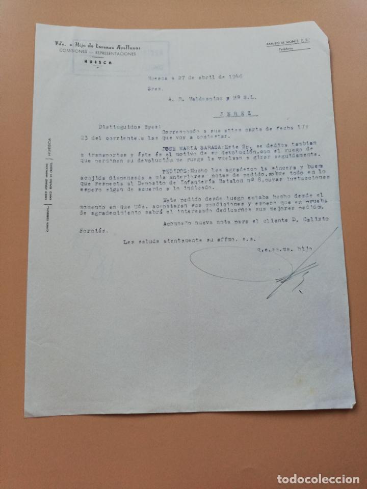 Lettres commerciales: CARTA COMERCIAL. VDA. E HIJO DE LORENZO AVELLANAS. COMISIONES- REPRESENTACIONES. HUESCA. 1946.