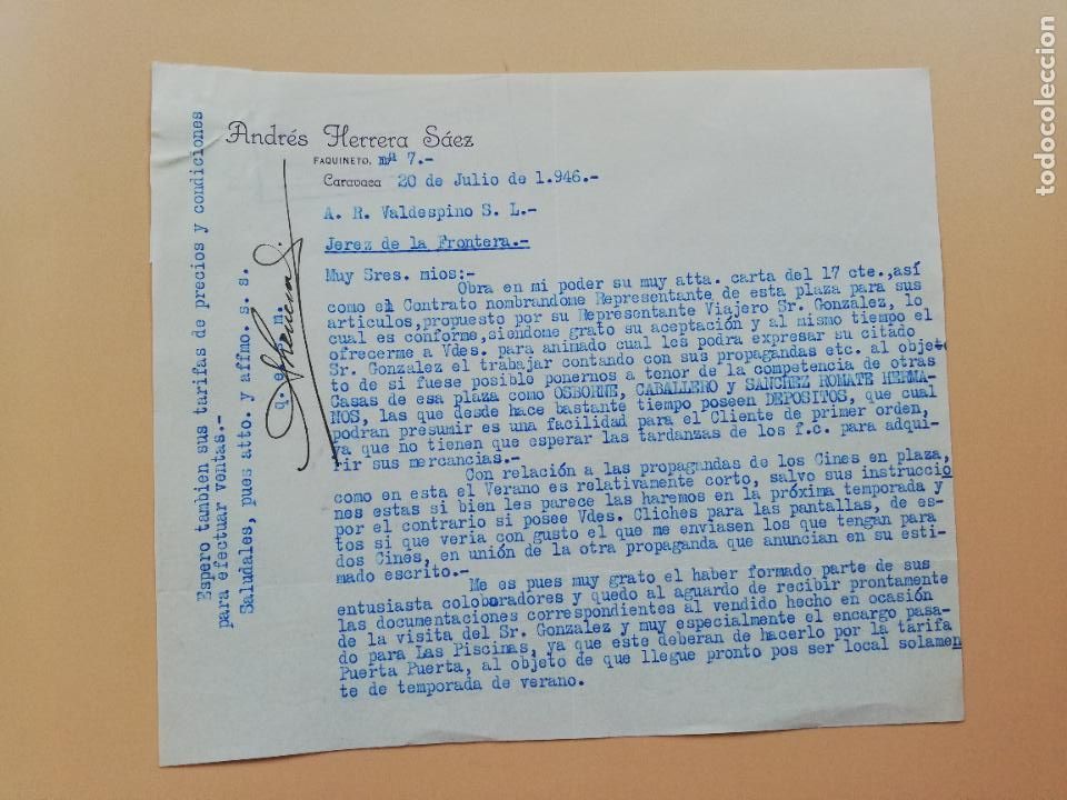 Lettres commerciales: CARTA COMERCIAL. ANDRES HERRERA SAEZ. CARAVACA, MURCIA. 1946.