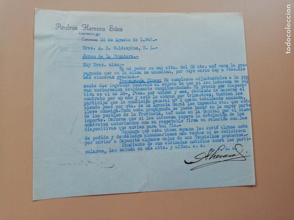Lettres commerciales: CARTA COMERCIAL. ANDRES HERRERA SAEZ. CARAVACA, MURCIA. 1946.