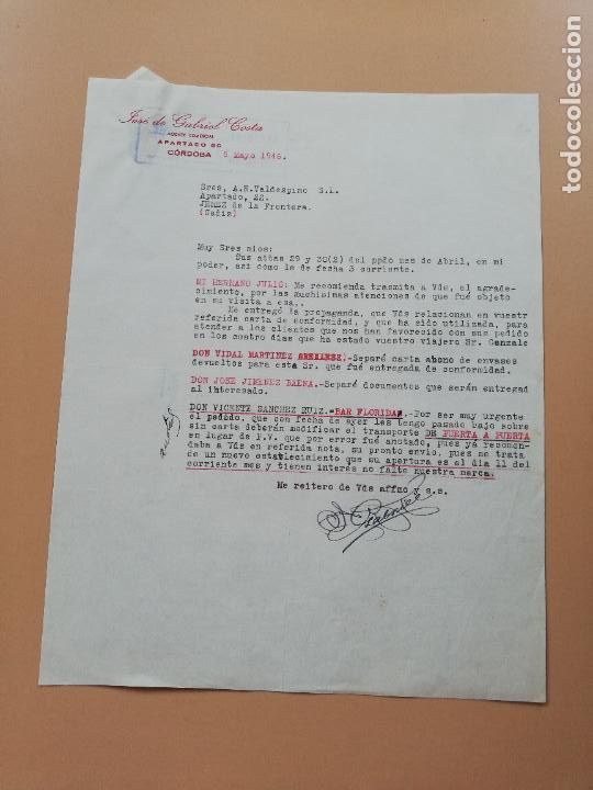 Lettres commerciales: CARTA COMERCIAL. JOSE DE GABRIEL COSTA. AGENTE COMERCIAL. CORDOBA. 1946.