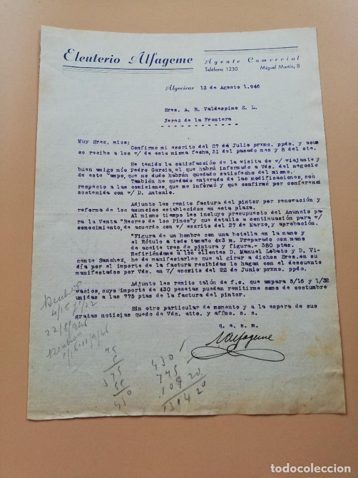 Lettres commerciales: CARTA COMERCIAL. ELEUTERIO ALFAGEME. AGENTE COMERCIAL. ALGECIRAS, CADIZ. 1946.