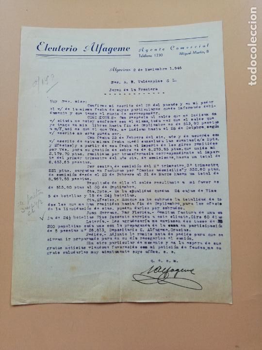 Lettres commerciales: CARTA COMERCIAL. ELEUTERIO ALFAGEME. AGENTE COMERCIAL. ALGECIRAS, CADIZ. 1946.