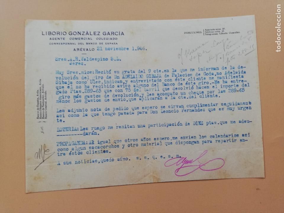 Lettres commerciales: CARTA COMERCIAL. LIBORIO GONZALEZ GARCIA. AGENTE COMERCIAL. AREVALO, AVILA. 1946.