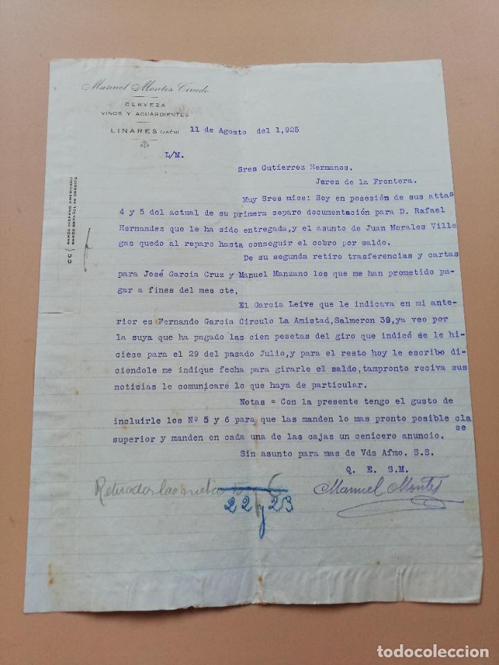 Commercial Letters: CARTA COMERCIAL. MANUEL MONTES TIRADO. CERVEZA VINOS Y LICORES. LINARES, JAEN. 1925.