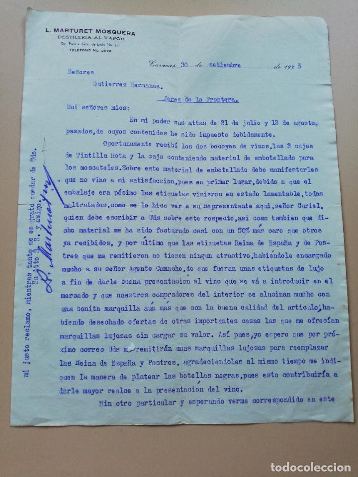Lettres commerciales: CARTA COMERCIAL. L. MARTURET MOSQUERA. DESTILERIA AL VAPOR. CARACAS, VENEZUELA. 1925.