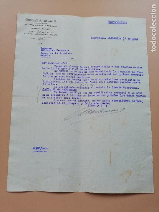 Lettres commerciales: CARTA COMERCIAL. MANUEL A. RIVAS O. REPRESENTANTE. GUAYAQUIL, ECUADOR. 1924.
