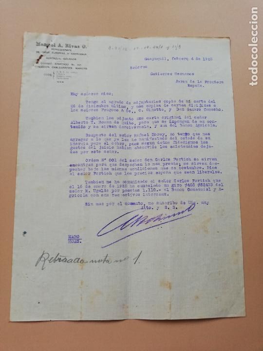Lettres commerciales: CARTA COMERCIAL. MANUEL A. RIVAS O. REPRESENTANTE. GUAYAQUIL, ECUADOR. 1924.