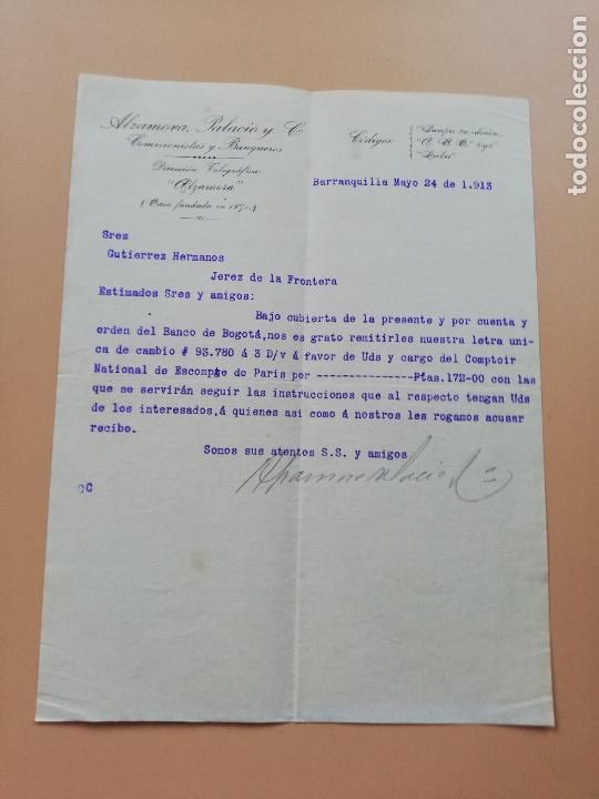 Lettres commerciales: CARTA COMERCIAL. ALZAMORA, PALACIO & C&ordf;. COMISIONISTA Y BANQUEROS. BARRANQUILLA, COLOMBIA. 1913.