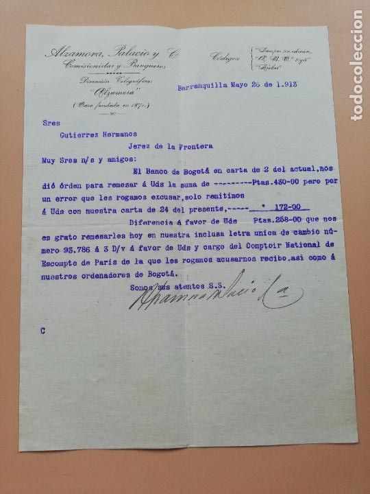 Lettres commerciales: CARTA COMERCIAL. ALZAMORA, PALACIO & C&ordf;. COMISIONISTA Y BANQUEROS. BARRANQUILLA, COLOMBIA. 1913.