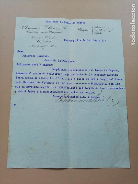 Lettres commerciales: CARTA COMERCIAL. ALZAMORA, PALACIO & C&ordf;. COMISIONISTA Y BANQUEROS. BARRANQUILLA, COLOMBIA. 1913.