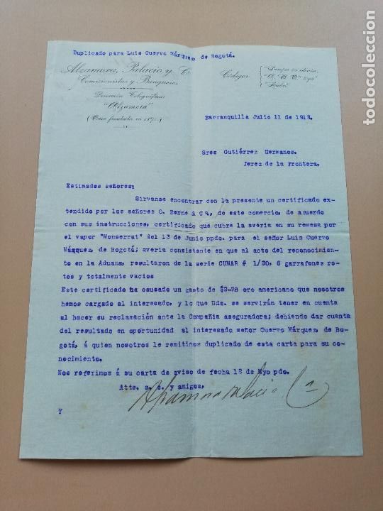Lettres commerciales: CARTA COMERCIAL. ALZAMORA, PALACIO & C&ordf;. COMISIONISTA Y BANQUEROS. BARRANQUILLA, COLOMBIA. 1913.