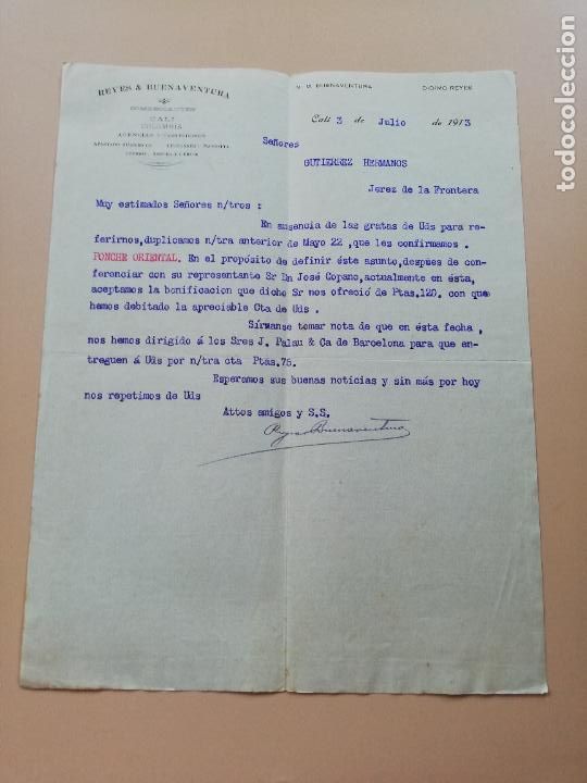 Lettres commerciales: CARTA COMERCIAL. REYES & BUENAVENTURA. COMERCIANTES. CALI, COLOMBIA. 1913.