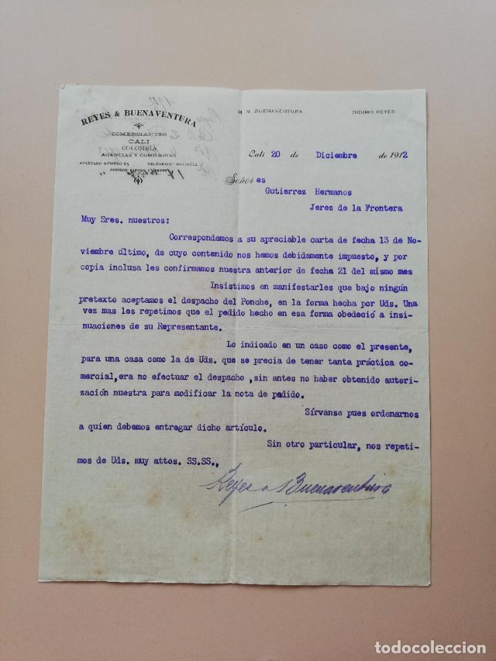 Lettres commerciales: CARTA COMERCIAL. REYES & BUENAVENTURA. COMERCIANTES. CALI, COLOMBIA. 1912.