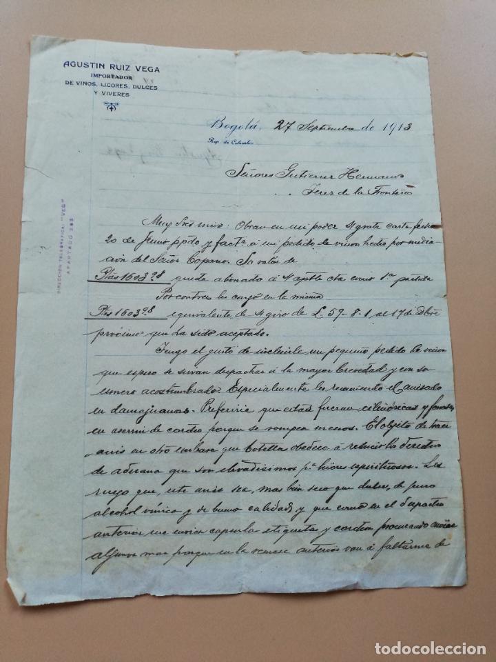 Gesch&auml;ftsbriefe: CARTA COMERCIAL. AGUSTIN RUIZ VEGA. IMPORTADOR VINOS LICORES DULCES VIVERES. BOGOTA, COLOMBIA. 1913.