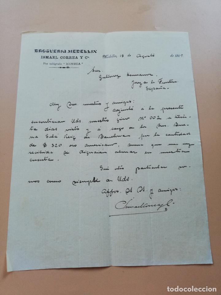 Lettres commerciales: CARTA COMERCIAL. DROGUERIA MEDELLIN. ISAMEL CORREA Y C&ordf;. MEDELLIN, COLOMBIA. 1912..