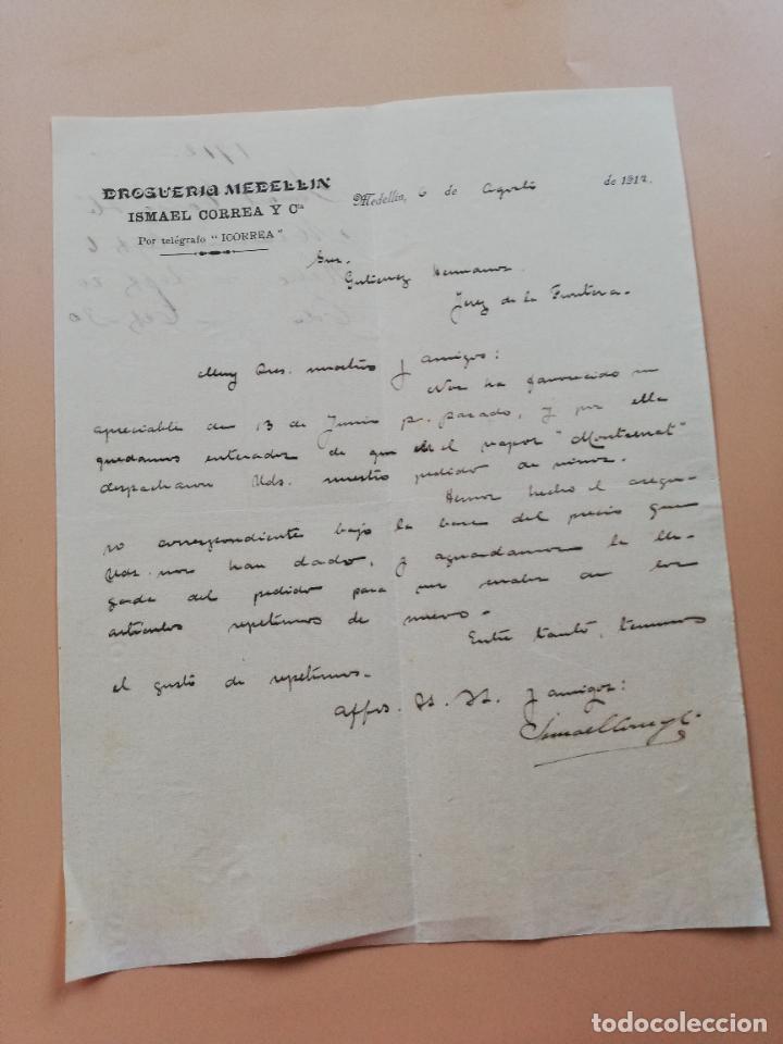 Lettres commerciales: CARTA COMERCIAL. DROGUERIA MEDELLIN. ISAMEL CORREA Y C&ordf;. MEDELLIN, COLOMBIA. 1912..