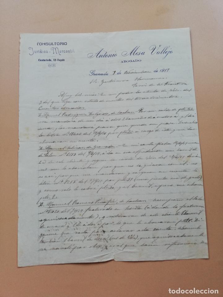 Lettres commerciales: CARTA COMERCIAL. ANTONIO MESA VALLEJO. ABOGADO. CONSULTORIO JURIDICO MERCANTIL. GRANADA. 1917.