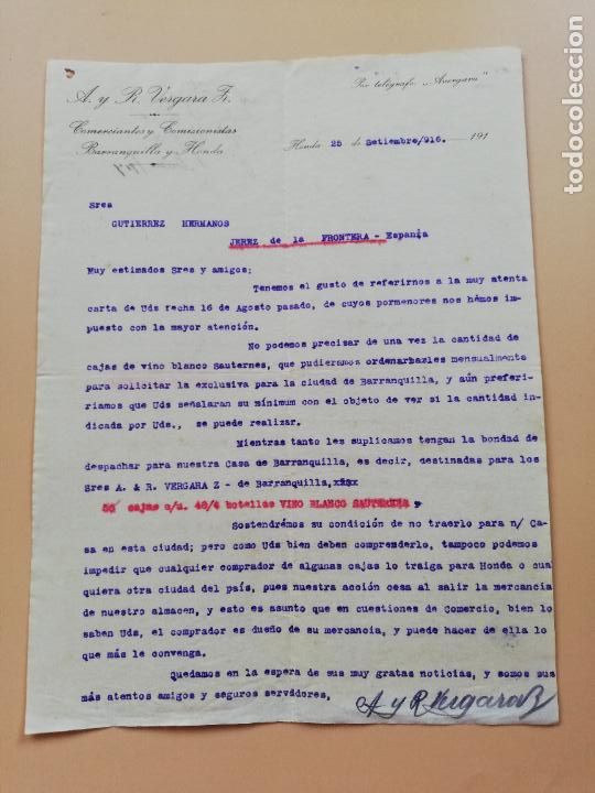 Lettres commerciales: CARTA COMERCIAL. A. Y R. VERGARA. COMERCIANTES Y COMISIONISTA. BARRANQUILA Y HONDA. 1917.