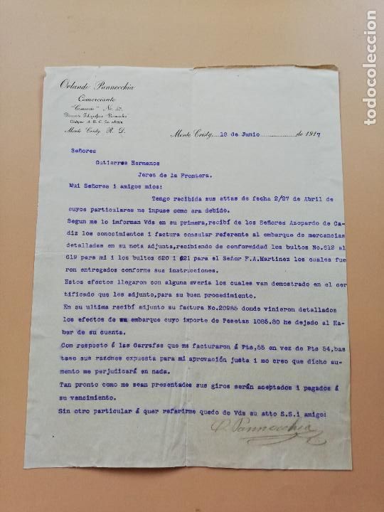 Lettres commerciales: CARTA COMERCIAL. ORLANDO PANNOCCHINA. MONTE CRISTY, REPUBLICA DOMINICANA. 1917.