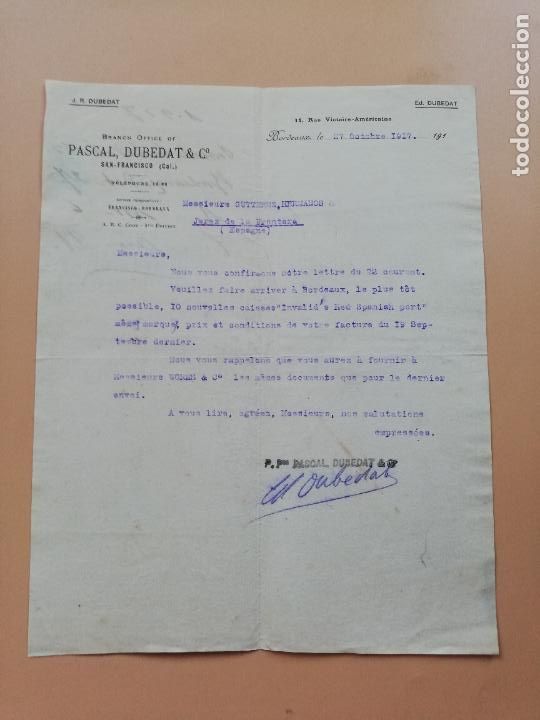 Lettres commerciales: CARTA COMERCIAL. PASCAL, DUBEDAT & C&ordm;. BORDEAUX. 1917.