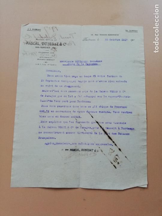 Lettres commerciales: CARTA COMERCIAL. PASCAL, DUBEDAT & C&ordm;. BORDEAUX. 1917.