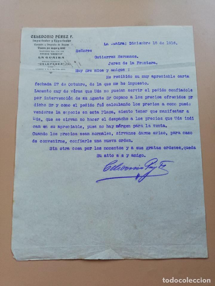 Lettres commerciales: CARTA COMERCIAL. CELEDONIO PEREZ F. VIVERES POR MAYOR. LA GUAIRA, VENEZUELA. 1916.