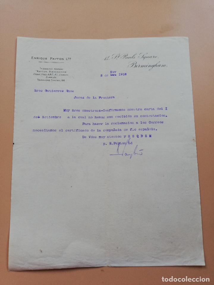 Lettres commerciales: CARTA COMERCIAL. ENRIQUE PAYTON LTD. BIRMINGHAM. 1916.