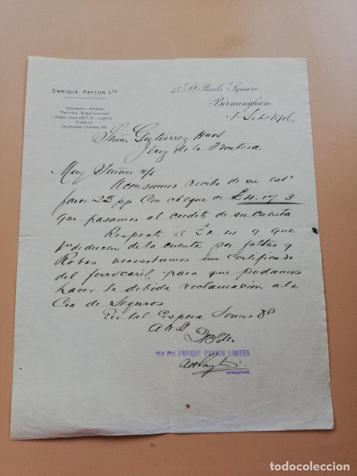 Lettres commerciales: CARTA COMERCIAL. ENRIQUE PAYTON LTD. BIRMINGHAM. 1916.
