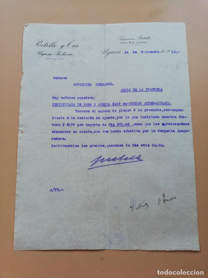 Lettres commerciales: CARTA COMERCIAL. PORTILLO Y CIA. UYUNI, BOLIVIA. 1916.
