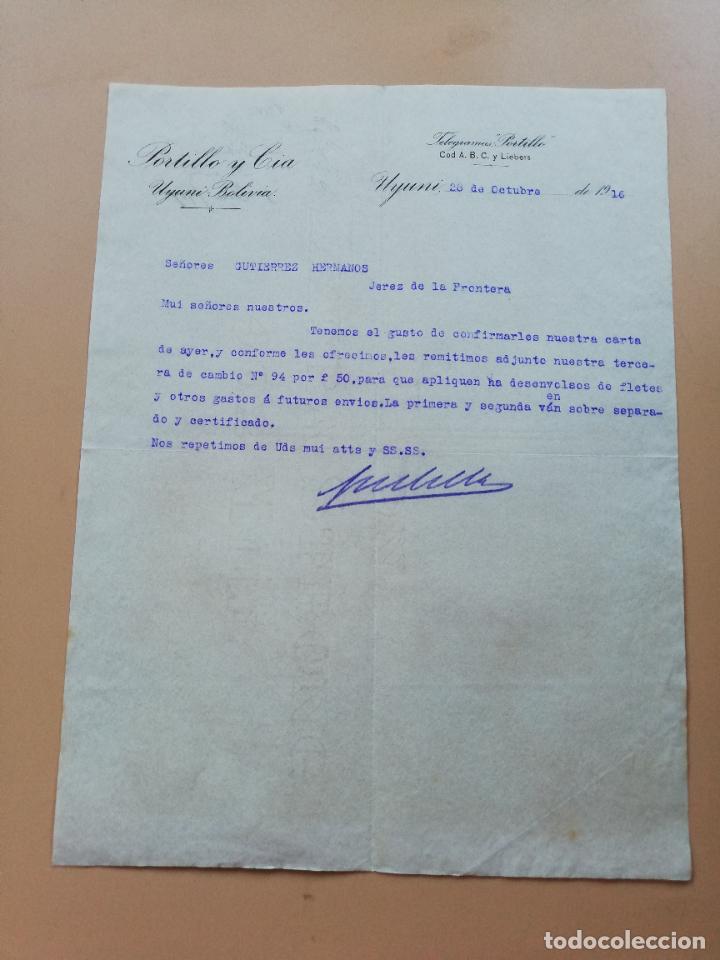 Lettres commerciales: CARTA COMERCIAL. PORTILLO Y CIA. UYUNI, BOLIVIA. 1916.