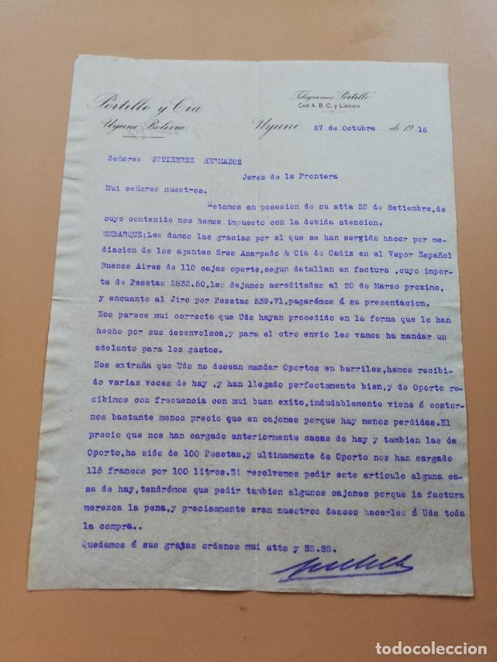 Lettres commerciales: CARTA COMERCIAL. PORTILLO Y CIA. UYUNI, BOLIVIA. 1916.