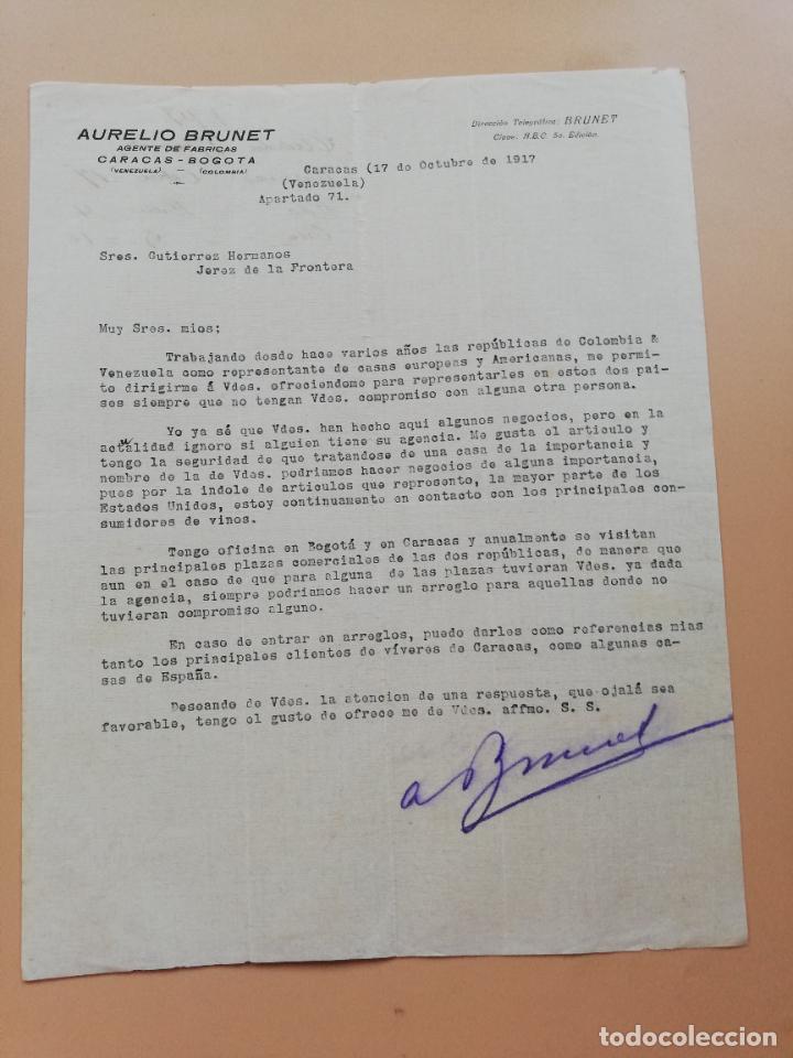 Lettres commerciales: CARTA COMERCIAL. AURELIO BRUNET. AGENTE DE FABRICAS. CARACAS, VENEZUELA. 1917.
