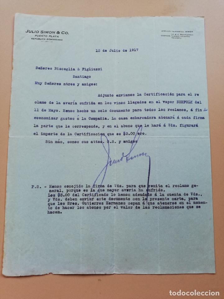 Lettres commerciales: CARTA COMERCIAL. JULIO SIMON & CO. PUERTO PLATA, REPUBLICA DOMINICANA. 1917.