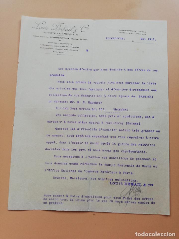 Lettres commerciales: CARTA COMERCIAL. LOUIS DUBAIL & C&ordf;. SOCIETE COMMERCIALE. PORRENTRUY, SUIZA. 1917.