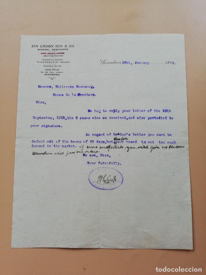 Lettres commerciales: CARTA COMERCIAL. SIN CHOON HIN & CO. GENERAL MERCHANTS. SEREMBAN, MALASIA. 1916.