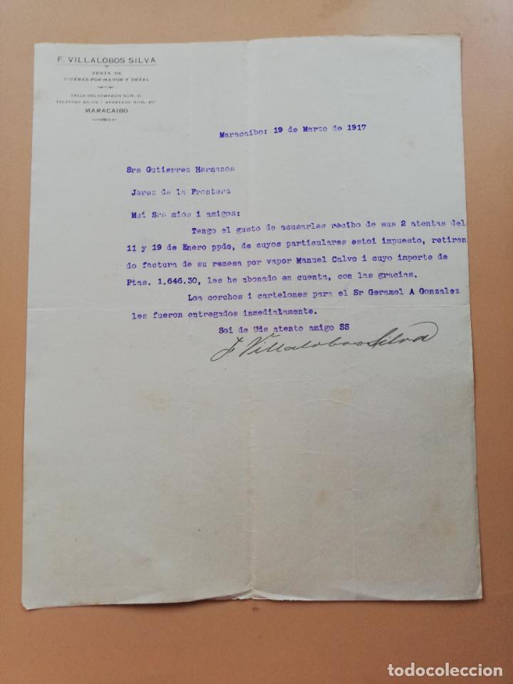 Lettres commerciales: CARTA COMERCIAL. F. VILLALOBOS SILVA. VENTA DE VIVERES POR MAYOR. MARACAIBO, VENEZUELA. 1917.