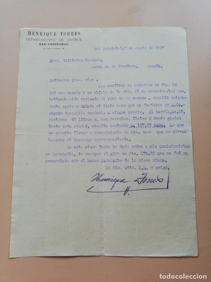 Lettres commerciales: CARTA COMERCIAL. HENRIQUE TORRES. DEPARTAMENTO DE VIVERES. SAN CRISTOBAL, VENEZUELA. 1917.