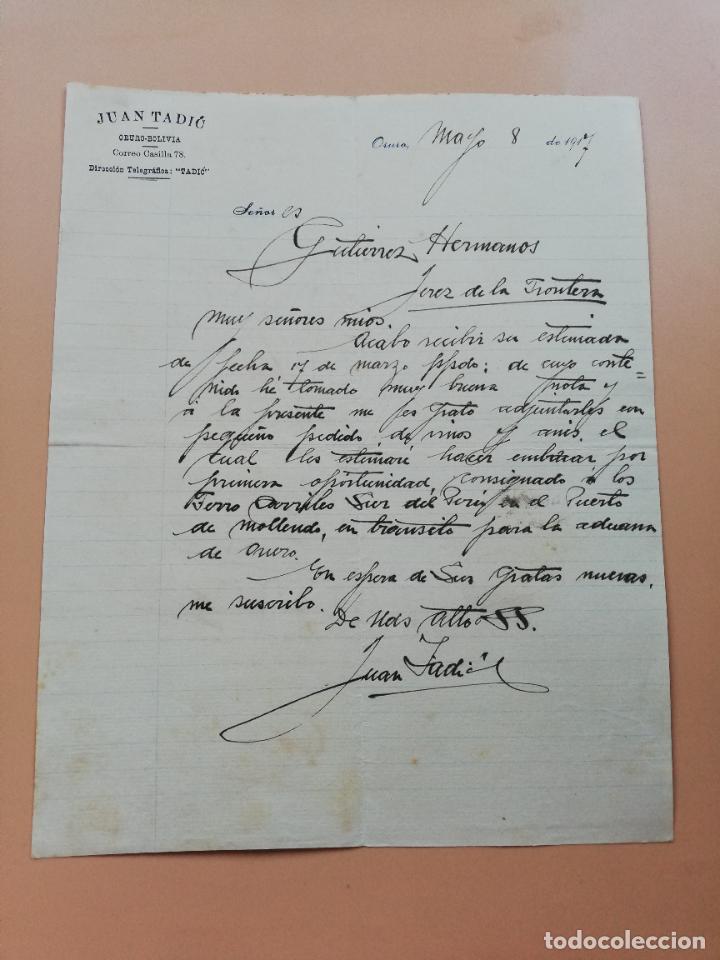 Lettres commerciales: CARTA COMERCIAL. JUAN TADIO. ORURO, BOLIVIA. 1917.