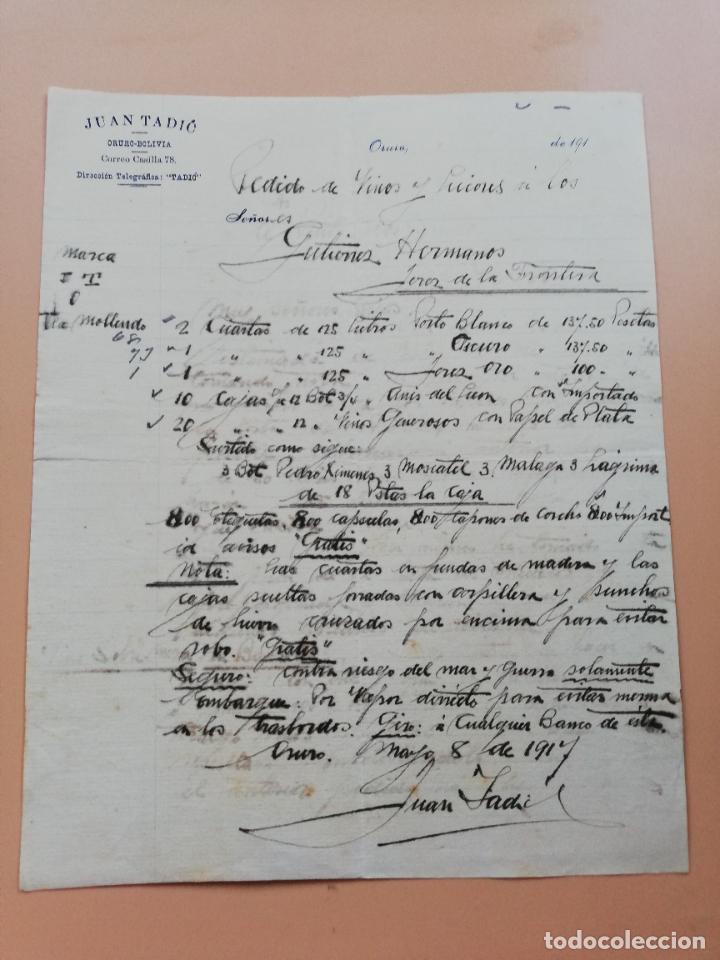 Lettres commerciales: CARTA COMERCIAL. JUAN TADIO. ORURO, BOLIVIA. 1917.