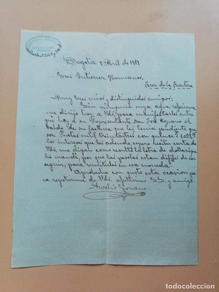Lettres commerciales: CARTA COMERCIAL. AURELIO LOZANO. SASTRERIA ESPA&Ntilde;OLA. BOGOTA, COLOMBIA. 1917.