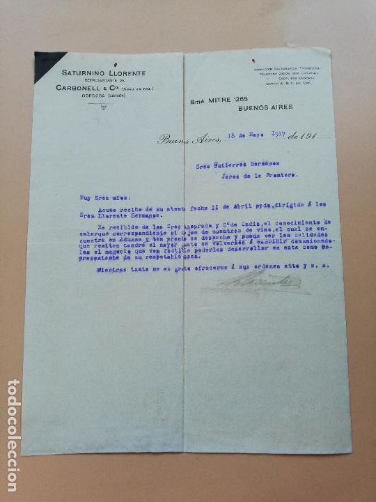 Lettres commerciales: CARTA COMERCIAL. SATURNINO LLORENTE. REPRESENTANTE DE CARBONELL & CO. BUENOS AIRES. 1917.