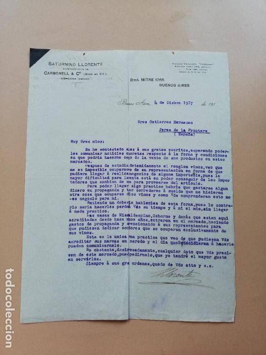 Lettres commerciales: CARTA COMERCIAL. SATURNINO LLORENTE. REPRESENTANTE DE CARBONELL & CO. BUENOS AIRES. 1917.